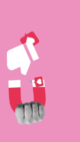 Playful stop motion. Magnet attracts both likes and sad cartoon faces on pink background, idea of duality of online attention and mood swings. Concept of social, praise, rejection and media exposure.