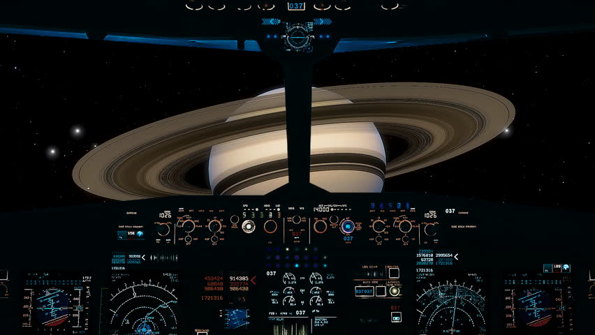 Simulation of planet Saturn and rings from de cockpit of space craft.