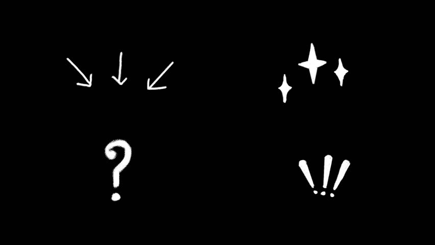 Set of doodle animated elements including hand-drawn of arrows, spark, question and exclamation mark symbols. Perfect for motion graphics, creative videos, and playful design projects.