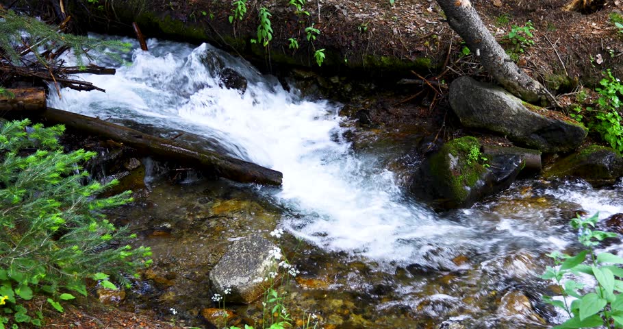 Static video of a creek flowing in Breckenridge Colorado, Very scenic nature video featuring a creek, rocks and logs.