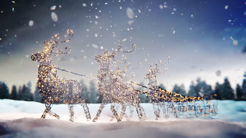 Reindeer Santa's sleigh with Christmas lights decoration in winter scene with falling snow. Seamless loop.