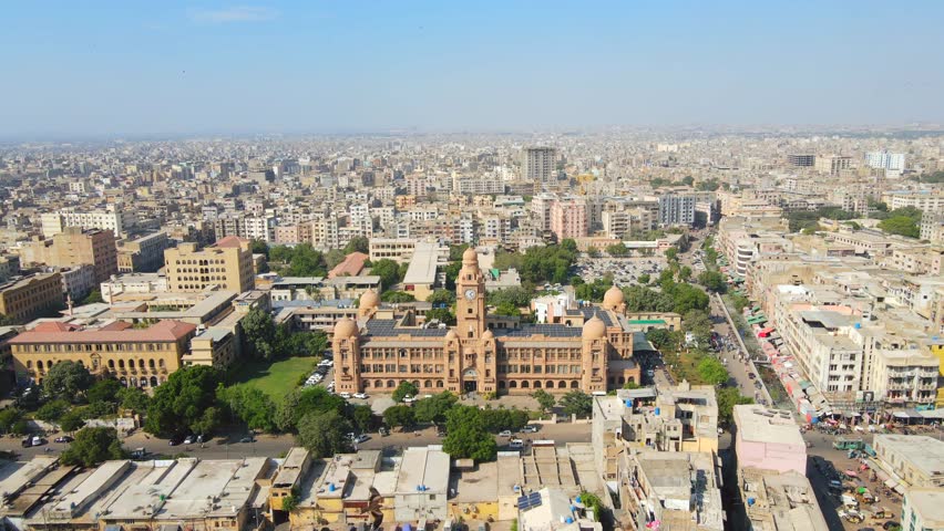 Aerial view of the Karachi Municipal Corporation Building, a majestic structure amidst the bustling cityscape, Karachi, Sindh, Pakistan.