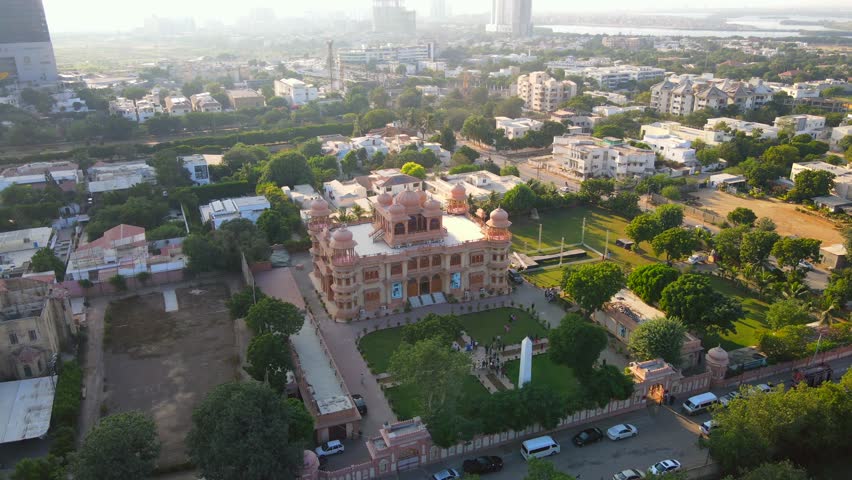 Aerial view of the Mohatta Palace Museum amid lush green trees and manicured lawns, Karachi, Sindh, Pakistan.
