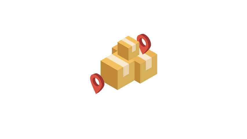 Animation Icon Isometric illustration of cardboard boxes with map location pins, symbolizing parcel delivery, online shopping logistics, shipment tracking, and e-commerce services.