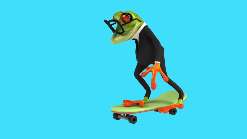Fun 3D cartoon frog on a skateboard (with alpha channel)