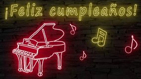 ¡Feliz cumpleaños! (Spanish happy birthday) silhouette of elegant piano and musical notes lluminated 3d illustration retro neon signs, happy birthday wishes, so sweet and cute 10s 4k video art - Powered by Shutterstock - Get 15% off with code: PIKWIZARD15