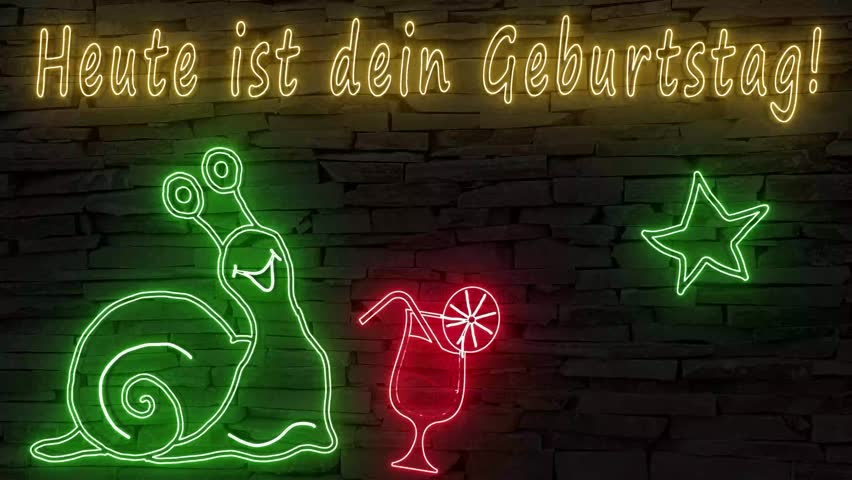 Heute ist dein Geburtstag! (German it's your birthday today) silhouette of snail and cocktail illuminated 3d illustration retro neon signs, happy birthday wishes, so sweet and cute 10s 4k video art