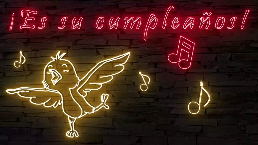 ¡Es su cumpleaños! (Spanish its your birthday) silhouette happy bird and notes illuminated 3d illustration retro neon signs on dark brick wall, 10s 4k video art, sweet birthday wishes!