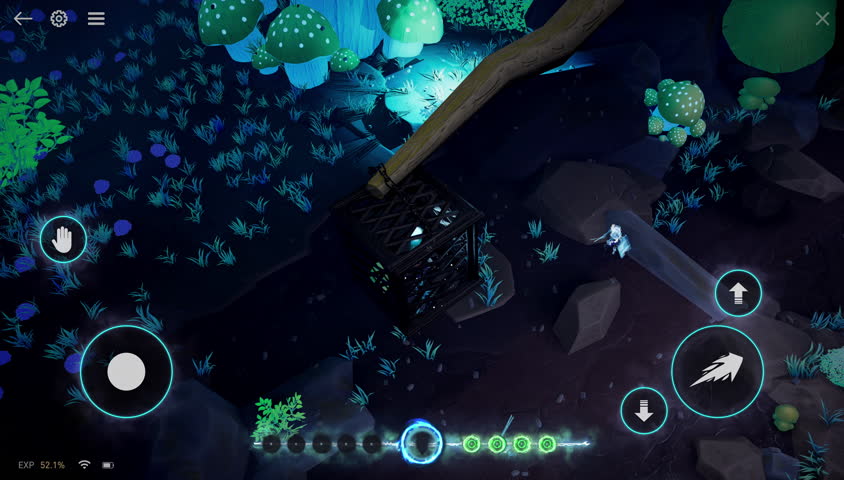 Mobile version of an isometric video game scene showing a lone character exploring a magical forest. Stylized visuals and nighttime vibes emphasize the immersive fake game fantasy experience.