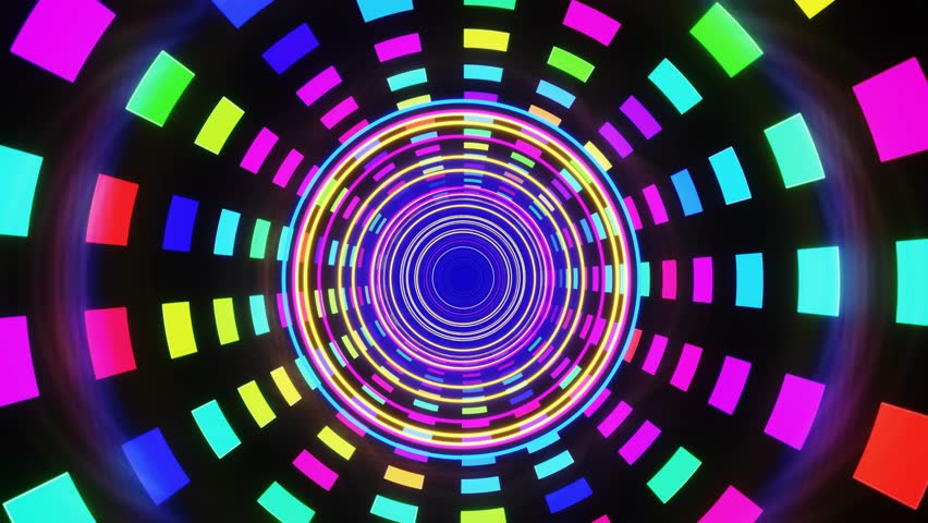 An AI-generated neon tunnel of rainbow-colored glowing squares forming infinity loop