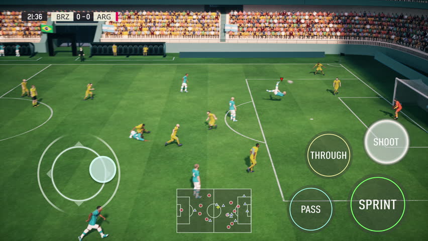 Mobile gameplay of Brazil scoring goal under sunlight in virtual soccer game. High-energy fake match moment captured in horizontal format with crisp animation and match celebration effects.