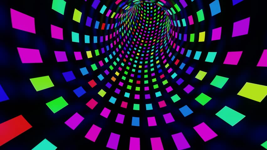 An AI-generated swirling rainbow tunnel with bright neon squares forming endless depth