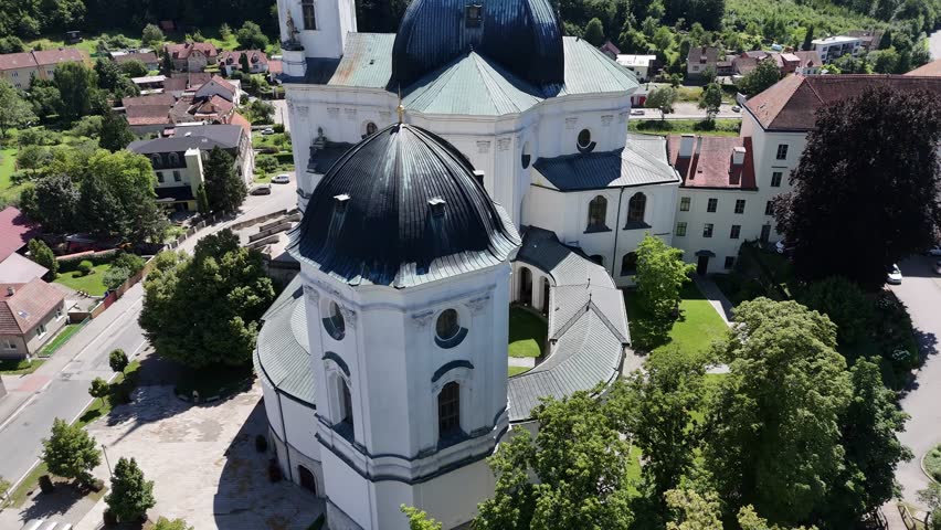 Monastery at Křtiny dron shot churc in city