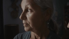 Senior woman with earrings turns face and smiles to camera at home closeup. Elegant old lady radiates positiveness and joy standing in shady living room - Powered by Shutterstock - Get 15% off with code: PIKWIZARD15