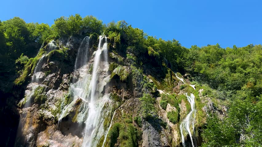 The large waterfall of Plitvica river at the Lower Lakes in Plitvice Lakes National Park, Croatia. UNESCO World Heritage and tourist attraction.
