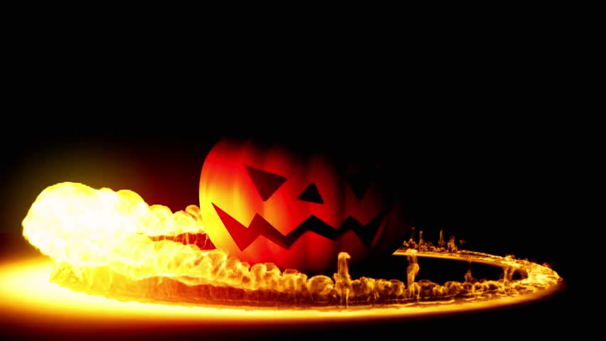 Fiery Halloween pumpkin glowing with flames in a spooky intro . Perfect for holiday celebration, horror themes, party design, and October seasonal atmosphere.