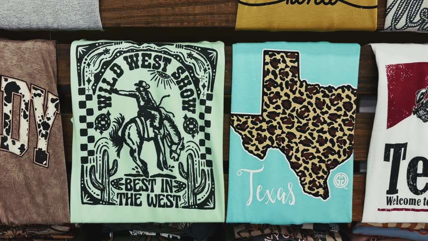 Close up of Texas themed t shirts with cowboy and leopard print designs on store display