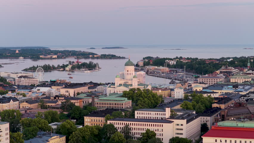 Aerial view orbiting the Helsinki cathedral, sunny, summer morning in Finland