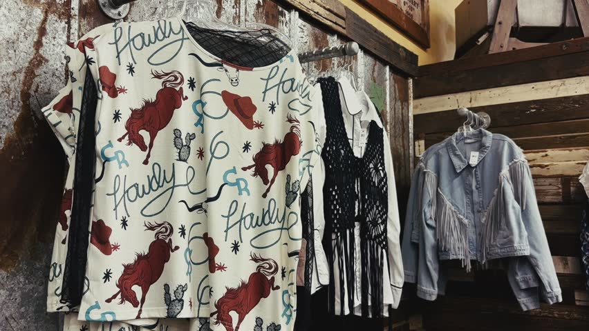 Rustic store display featuring a western graphic shirt, black crochet vest, and fringe denim jacket