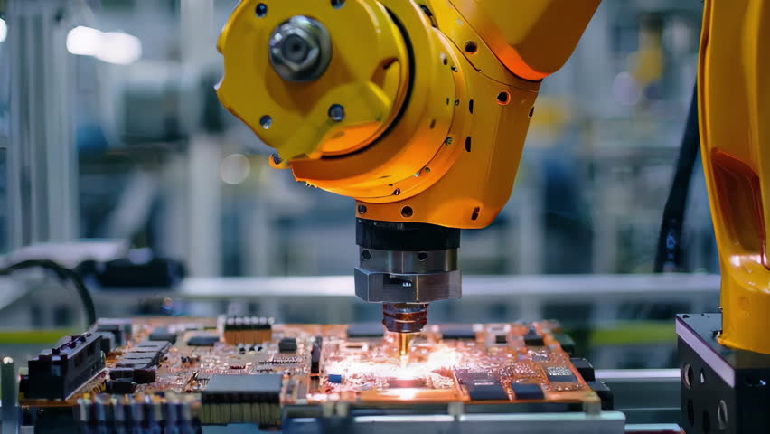 Robotic arm working on circuit board with digital display in factory - Powered by Shutterstock - Get 15% off with code: PIKWIZARD15