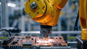 Robotic arm working on circuit board with digital display in factory - Powered by Shutterstock - Get 15% off with code: PIKWIZARD15