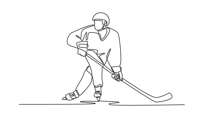 Animated self drawing of continuous line draw male ice hockey player in dynamic skating motion, stickhandling a puck, symbolize athletic skill, speed, energetic action. Full length one line animation