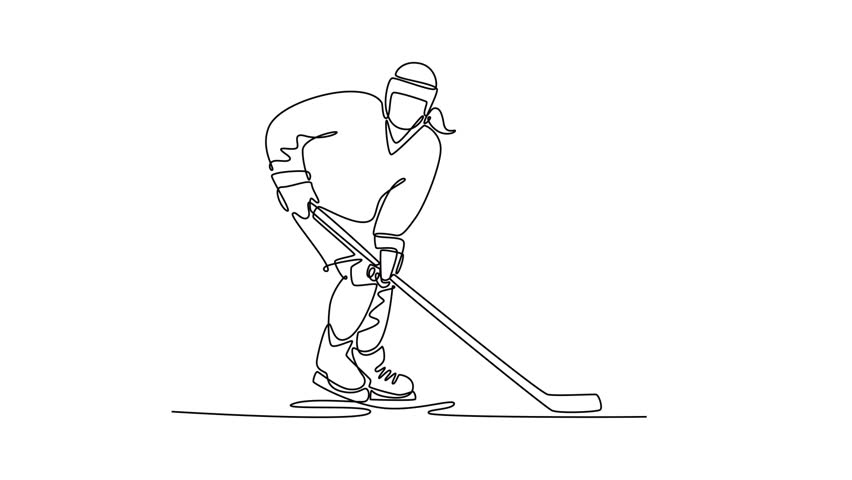 Self drawing animation of single line draw female ice hockey player in dynamic skating motion, stickhandling puck. Symbolize power, athletic skill, poised action. Continuous line. Full length animated