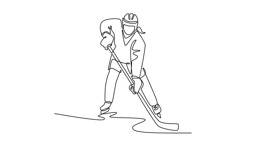 Self drawing animation single line draw female ice hockey player in dynamic skating motion, stickhandling the puck. Athletic skill, speed, and energetic action. Continuous line. Full length animated