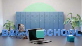 Animated back to school scene featuring blue lockers, backpack, chair, and an open laptop with a rotating 3D cube above the keyboard, symbolizing modern digital education. - Powered by Shutterstock - Get 15% off with code: PIKWIZARD15
