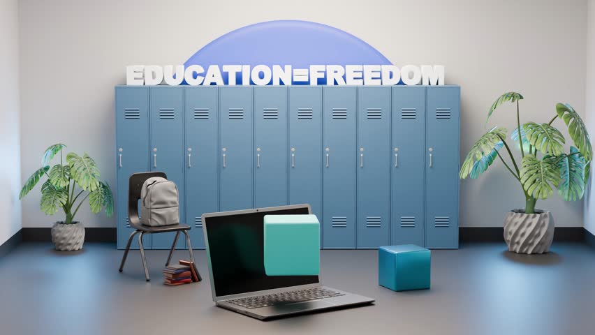 Creative digital render with 'Education = Freedom' text, school lockers, backpack, chair, and open laptop featuring a rotating 3D cube as a symbol of opportunity.