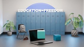 Creative digital render with 'Education = Freedom' text, school lockers, backpack, chair, and open laptop featuring a rotating 3D cube as a symbol of opportunity. - Powered by Shutterstock - Get 15% off with code: PIKWIZARD15
