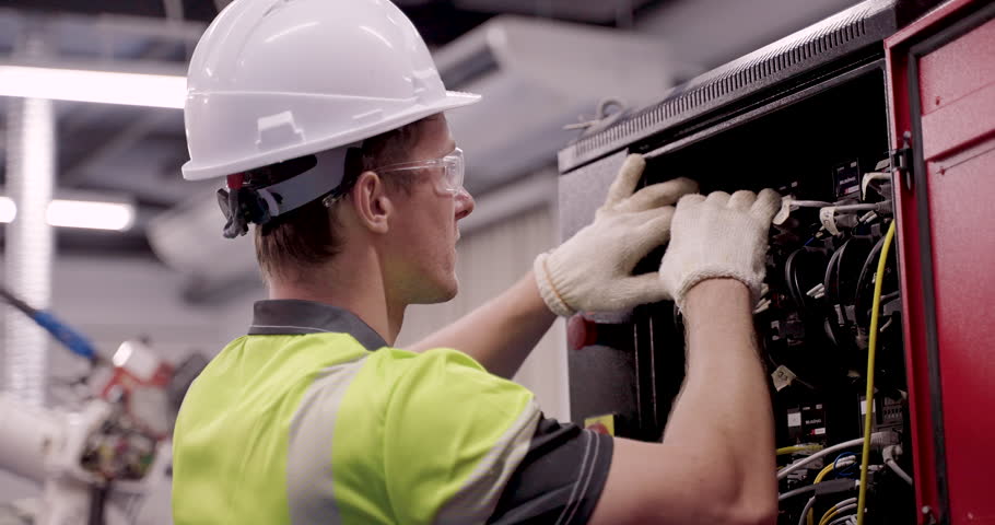 male engineer checks internal electrical components inside automation control cabinet during smart factory maintenance session under industry40 training using gloves and helmet for safety procedures