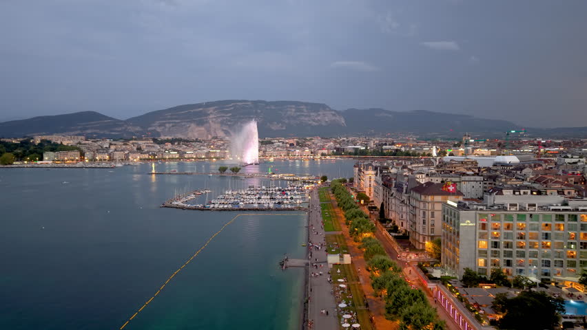 aerial view captures the beauty of Lake Genevas Jet dEau at sunset