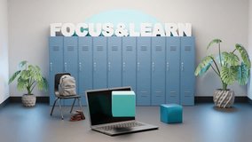 Animated school render with 'Focus Learn' text, lockers, backpack, chair, and laptop showing a rotating cube to emphasize concentration and learning motivation. - Powered by Shutterstock - Get 15% off with code: PIKWIZARD15