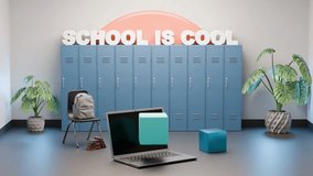 Positive educational video with 'School is Cool' text, lockers, backpack, chair, and laptop showing a rotating cube, highlighting student lifestyle and motivation. - Powered by Shutterstock - Get 15% off with code: PIKWIZARD15