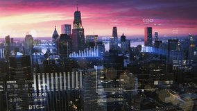 Aerial City Skyline With Digital Overlay Of Stock Market Charts, Graphs, And Cryptocurrency Data Representing Global Finance, Trading, And Economic Technology. New York City. US. - Powered by Shutterstock - Get 15% off with code: PIKWIZARD15