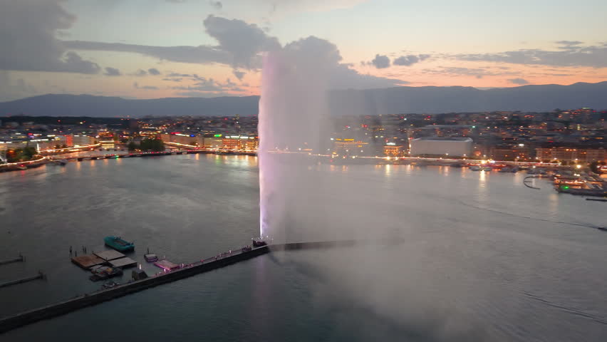 aerial view captures the beauty of Lake Genevas Jet dEau at sunset. Switzerland