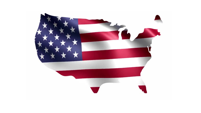 This video clip features an animated map of the United States with the American flag's "Stars and Stripes" pattern waving across its shape against a plain white background.