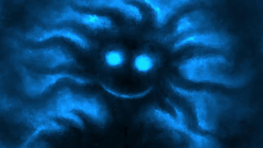 Scary demon with creepy smile. Dark 2D animation. Horror fantasy genre. Evil face laughing. Spooky character head. Blue and black background. Animated backdrop.