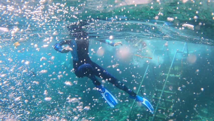 A swimmer swims near an underwater ladder in the clear sea