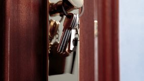 Apartment keys with house shaped keychain swinging on golden door handle closeup - Powered by Shutterstock - Get 15% off with code: PIKWIZARD15