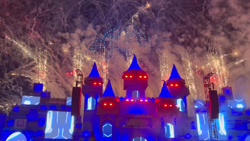 Crowd dancing and enjoying DJ music, lights, and fireworks at night during Medusa Festival in Valencia, Spain. Vibrant celebration of electronic music and youth culture