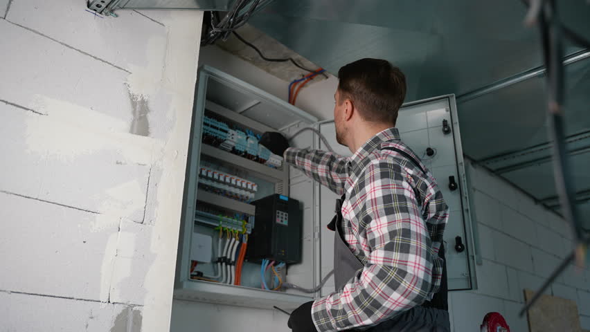 Electrician installing and checking components in fuse box