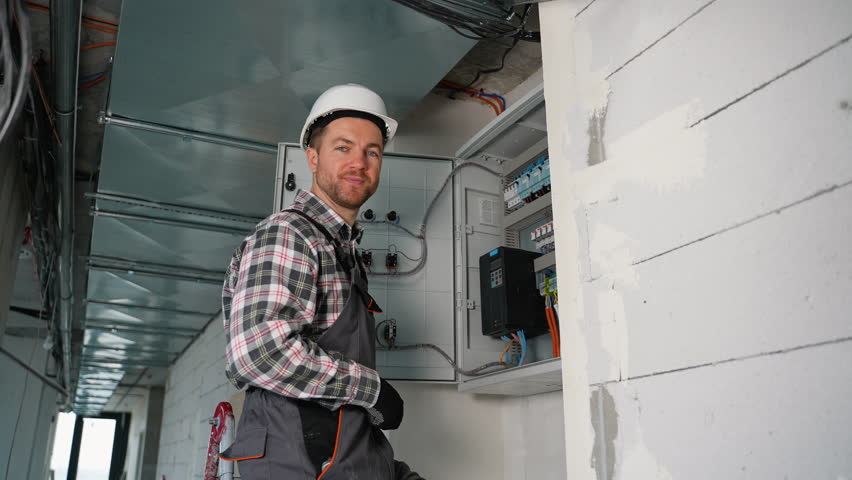 Electrician gesturing thumbs up near fuse box