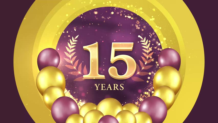 4K 15 Years Celebration theme video with gold glitter sparkles, purple and gold balloons