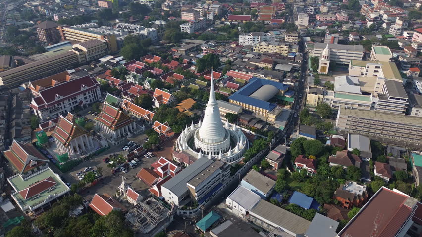 Aerial around view of Wat Prayurawongsawas Warawihan pagoda, Bangkok, Thailand, 4k