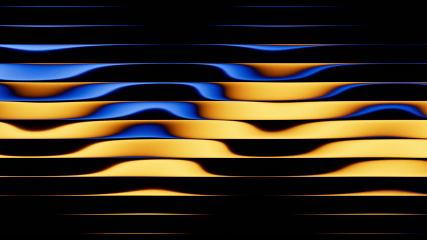 Looping 3D animation. Abstract minimalist background of blinds or sharp lines with reflection. Blue and yellow gradient transforms and changes colors inside the glossy horizontal stripes