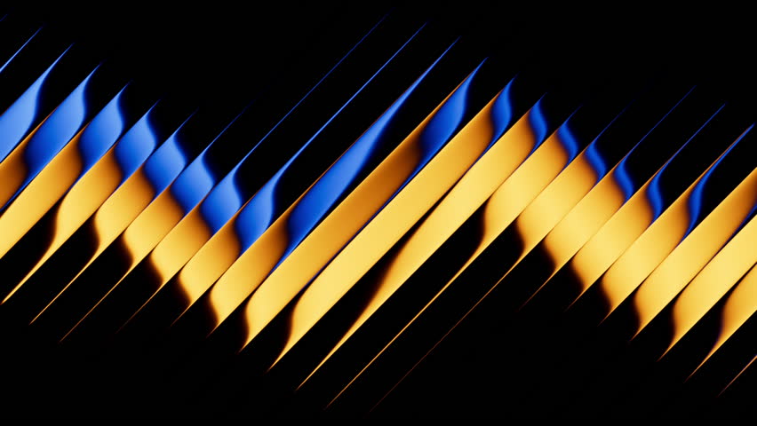 Cyclic 3D animation. Abstract minimalist background divided into diagonal black glossy stripes with reflection. Transforming blue and yellow gradient, changing colors.