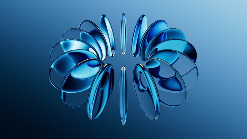 looping 3d animation. Abstract blue aesthetic background. Round glass lenses with reflective surface, floating on air, arranged in the shape of torus, spin and rotate