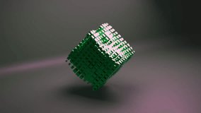 Abstract digital animation features a vibrant green cube made of smaller metallic blocks, intricately deforming and spinning with light reflections. - Powered by Shutterstock - Get 15% off with code: PIKWIZARD15